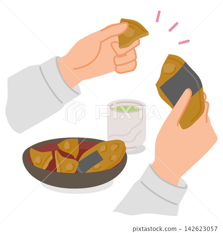 一張老年人口腔護理的插圖，展示如何將米餅掰成小塊以便更容易食用。 142623057