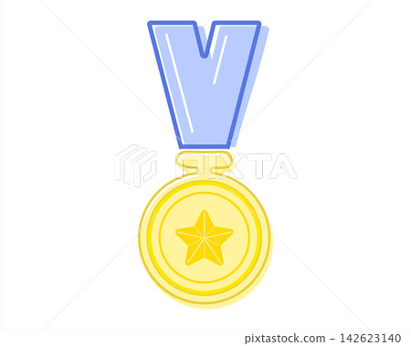 Vector flat icon of a golden award medal with a star and blue ribbon hanging Vector flat icon of a golden award medal with a star and blue ribbon hanging 142623140