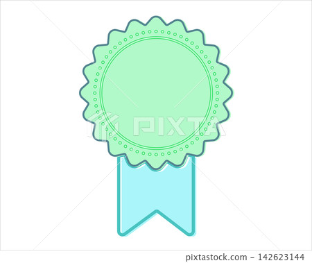 Plain green circular scalloped certificate seal icon with a light blue blank ribbon Plain green circular scalloped certificate seal icon with a light blue blank ribbon 142623144