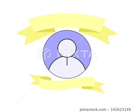 Profile user avatar icon inside a purple circle badge with a yellow winner ribbon banner Profile user avatar icon inside a purple circle badge with a yellow winner ribbon banner 142623149