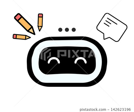 Automated creative content generation ai chatbot robot face avatar placeholder with stationery items Automated creative content generation ai chatbot robot face avatar placeholder with stationery items 142623196