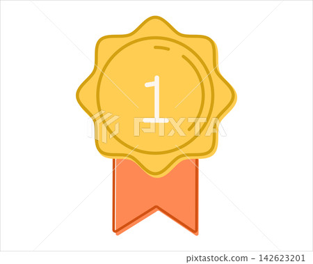 Minimalist icon of a golden gear shape medal with number one and orange ribbon Minimalist icon of a golden gear shape medal with number one and orange ribbon 142623201