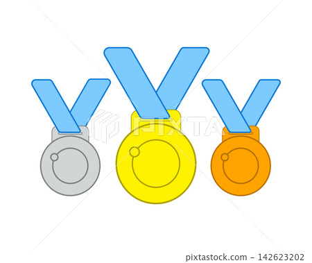 Flat set of three sports medals including gold silver and bronze with blue ribbons Flat set of three sports medals including gold silver and bronze with blue ribbons 142623202
