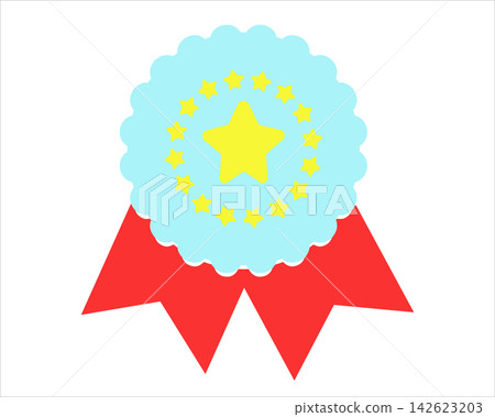 Decorative blue scalloped certificate rosette seal with stars and bright red hanging ribbons Decorative blue scalloped certificate rosette seal with stars and bright red hanging ribbons 142623203