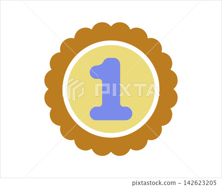 Flat brown scalloped medal icon with blue number one inside a golden circular frame Flat brown scalloped medal icon with blue number one inside a golden circular frame 142623205