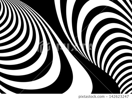 Monochrome op art background. Simple modern design wallpaper. The effect of an optical illusion that looks three-dimensional. Monochrome op art background. Simple modern design wallpaper. The effect of an optical illusion that looks three-dimensional. 142623247