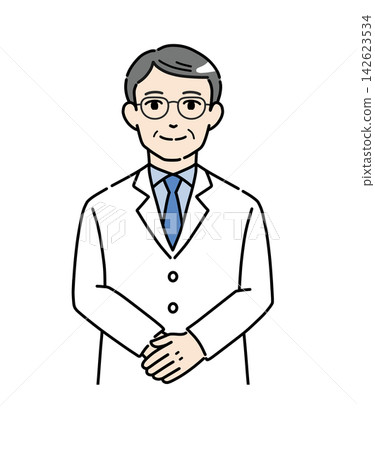 Illustration of a senior man in a white coat bowing with his hands clasped. Illustration of a senior man in a white coat bowing with his hands clasped. 142623534