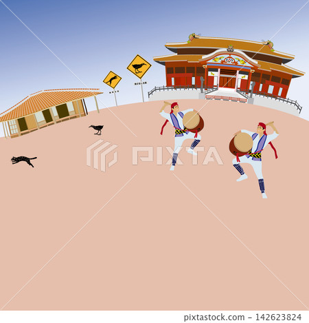 沖繩旅遊插畫背景,描繪了首里城、榮塾舞和琉球文化 / 旅遊、傳統表演藝術、風景 沖繩旅遊插畫背景,描繪了首里城、榮塾舞和琉球文化 / 旅遊、傳統表演藝術、風景 142623824