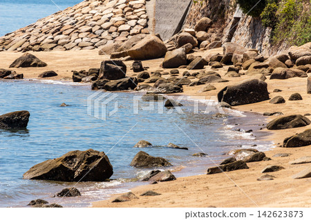 A coastal landscape featuring a sandy beach with an embankment and rocky areas, and crashing waves. A coastal landscape featuring a sandy beach with an embankment and rocky areas, and crashing waves. 142623873