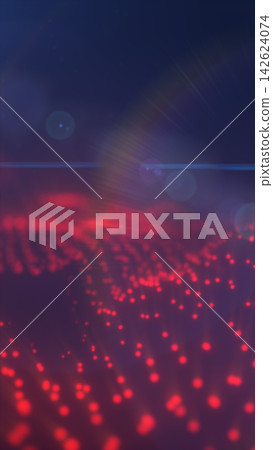 Dark abstract background with red glowing particles, soft lens flare, and blurred digital horizon for futuristic technology concepts. 142624074