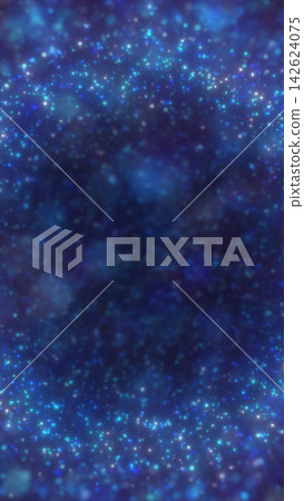 Glowing blue and cyan particles form a sparkling border around a dark central copy space, creating an elegant cosmic background. 142624075