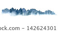 Watercolor misty blue forest treeline in fog, distant pine woods silhouette 142624301
