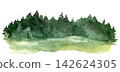 Watercolor green forest edge with fir trees over a bright summer meadow 142624305