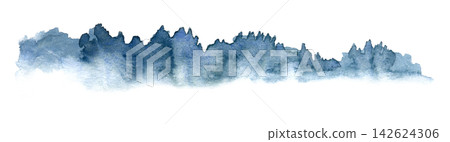 Watercolor misty blue forest treeline in fog, distant pine woods silhouette Watercolor misty blue forest treeline in fog, distant pine woods silhouette 142624306