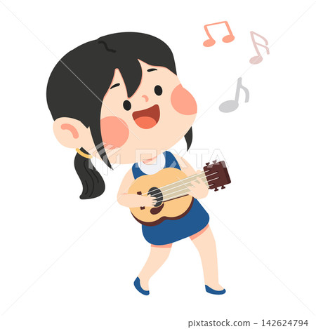 Little Girl Playing Ukulele and Singing Happy Songs 142624794