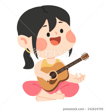 Little girl sitting and playing acoustic guitar with a smile Little girl sitting and playing acoustic guitar with a smile 142624795