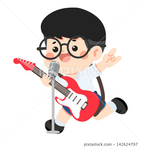 Little student performing rock music with guitar and microphone Little student performing rock music with guitar and microphone 142624797