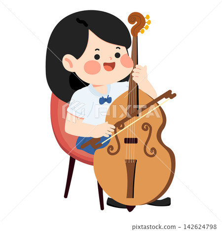 School girl playing double bass musical instrument School girl playing double bass musical instrument 142624798