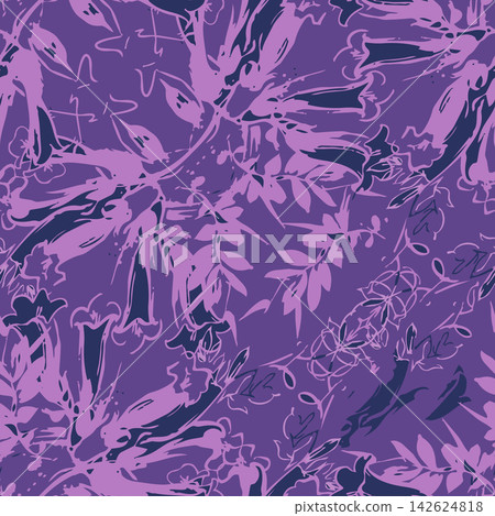 Hand-drawn violet floral seamless pattern with brush strokes and ink texture. Modern botanical repeat background for fabric, wallpaper, and apparel. Hand-drawn violet floral seamless pattern with brush strokes and ink texture. Modern botanical repeat background for fabric, wallpaper, and apparel. 142624818