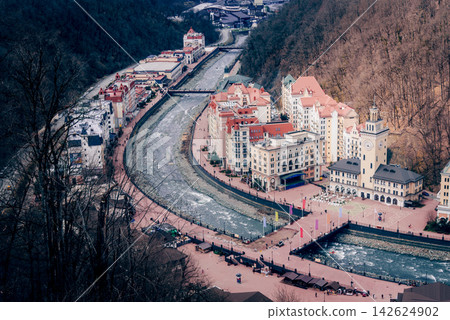 Sochi, Russia, Krasnaya Polyana ski resort view from gondola lift Sochi, Russia, Krasnaya Polyana ski resort view from gondola lift 142624902
