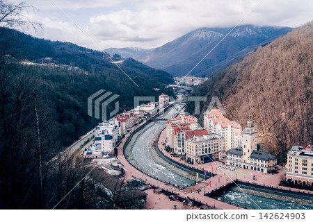 Sochi, Russia, Krasnaya Polyana ski resort view from gondola lift Sochi, Russia, Krasnaya Polyana ski resort view from gondola lift 142624903