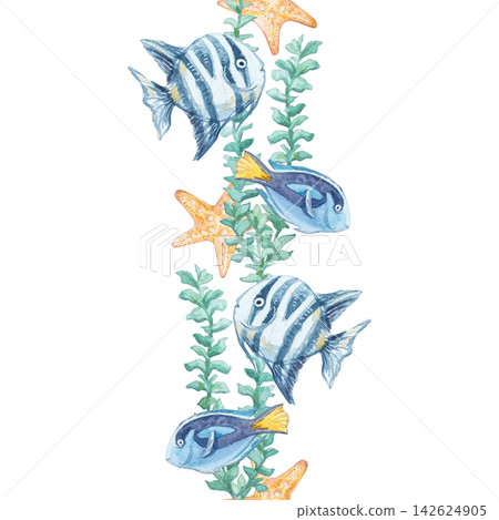 Tropical fish, starfish and seaweed watercolor seamless border isolated on white background. Hand drawn marine Red Sea themed original element for eye-catching vertical decor, stationery or print Tropical fish, starfish and seaweed watercolor seamless border isolated on white background. Hand drawn marine Red Sea themed original element for eye-catching vertical decor, stationery or print 142624905