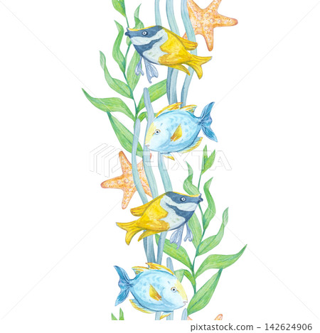 Vertical border with watercolor tropical fish, starfish, corals, seaweed, and bubbles on a white background. Original hand-drawn marine element for decor, stationery, or textile print 142624906