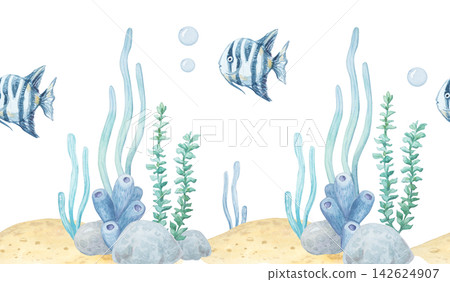 Watercolor seamless border with tropical fish, seaweed, corals and stones isolated on white background. Hand drawn marine element for underwater theme design, horizontal decor, stationery or print Watercolor seamless border with tropical fish, seaweed, corals and stones isolated on white background. Hand drawn marine element for underwater theme design, horizontal decor, stationery or print 142624907