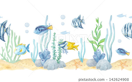 Watercolor seamless border with tropical fish, seaweed, corals, stones and starfish isolated on white background. Hand drawn marine element for underwater theme design Watercolor seamless border with tropical fish, seaweed, corals, stones and starfish isolated on white background. Hand drawn marine element for underwater theme design 142624908