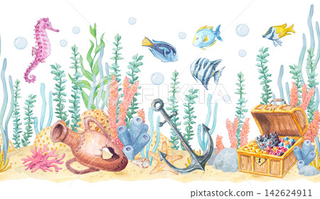 Seahorses, tropical fish, anchor, seaweed and corals forming a Red Sea inspired watercolor seamless border isolated. Hand drawn marine element for nautical theme design. Seahorses, tropical fish, anchor, seaweed and corals forming a Red Sea inspired watercolor seamless border isolated. Hand drawn marine element for nautical theme design. 142624911