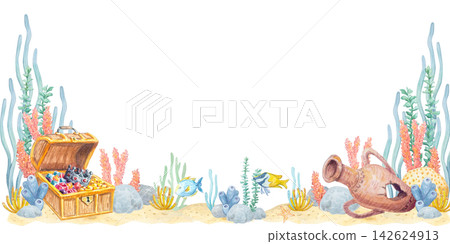 Horizontal frame with watercolor treasure chest, ancient amphora, tropical fish, corals, and seaweed on a white background. Original hand drawn marine element Horizontal frame with watercolor treasure chest, ancient amphora, tropical fish, corals, and seaweed on a white background. Original hand drawn marine element 142624913