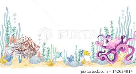Horizontal card with watercolor lionfish, octopus, tropical fish, corals, seaweed, and bubbles on a white background. Original hand drawn marine element for invitations, cards, decor, or stationery Horizontal card with watercolor lionfish, octopus, tropical fish, corals, seaweed, and bubbles on a white background. Original hand drawn marine element for invitations, cards, decor, or stationery 142624914