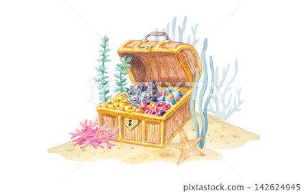 Watercolor treasure chest scene with pirate gems and crown isolated on white background. Hand drawn marine seabed with coral, starfish, seaweed Watercolor treasure chest scene with pirate gems and crown isolated on white background. Hand drawn marine seabed with coral, starfish, seaweed 142624945