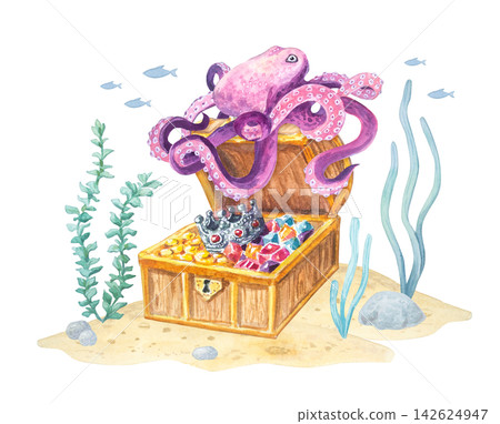 Watercolor treasure chest scene with cute octopus and crown isolated on white background. Hand drawn marine seabed with seaweed for children underwater adventure design, party or invitation Watercolor treasure chest scene with cute octopus and crown isolated on white background. Hand drawn marine seabed with seaweed for children underwater adventure design, party or invitation 142624947