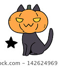 An illustration of a black cat wearing a Halloween pumpkin. 142624969