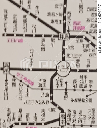 八王子、立川、昭島、灰島地區的鐵路路線圖:顯示車站名稱和路線的交通地圖。 八王子、立川、昭島、灰島地區的鐵路路線圖:顯示車站名稱和路線的交通地圖。 142624997