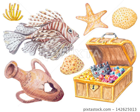 Watercolor Red Sea treasure elements set isolated on white background. Hand drawn collection for underwater adventure design with pirate chest, antique amphora vase, fish and coral Watercolor Red Sea treasure elements set isolated on white background. Hand drawn collection for underwater adventure design with pirate chest, antique amphora vase, fish and coral 142625013