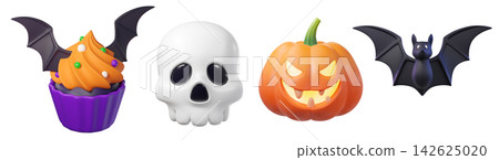 Halloween 3D icons, isolated on background. Cupcake, skull, pumpkin Jack-o-lantern, and a bat for party posters, greeting cards, stickers. Halloween 3D icons, isolated on background. Cupcake, skull, pumpkin Jack-o-lantern, and a bat for party posters, greeting cards, stickers. 142625020