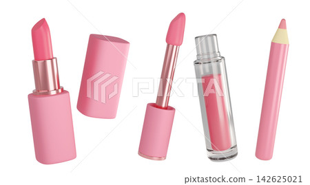 Set of pink lip products. Lipsticks, lip gloss, and lip liner pencil in sleek pink packaging. Ideal for beauty campaigns, catalogs, and branding. Set of pink lip products. Lipsticks, lip gloss, and lip liner pencil in sleek pink packaging. Ideal for beauty campaigns, catalogs, and branding. 142625021