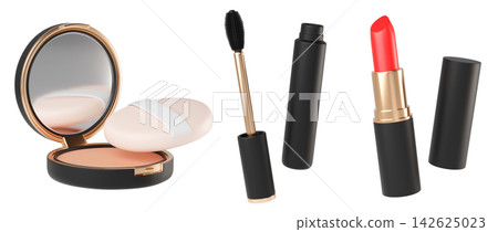 Set of professional makeup items isolated on background. Luxury Powder compact, brush, mascara, and classic red lipstick. Sleek black and gold packaging for beauty, makeup cosmetic product. 3d render Set of professional makeup items isolated on background. Luxury Powder compact, brush, mascara, and classic red lipstick. Sleek black and gold packaging for beauty, makeup cosmetic product. 3d render 142625023