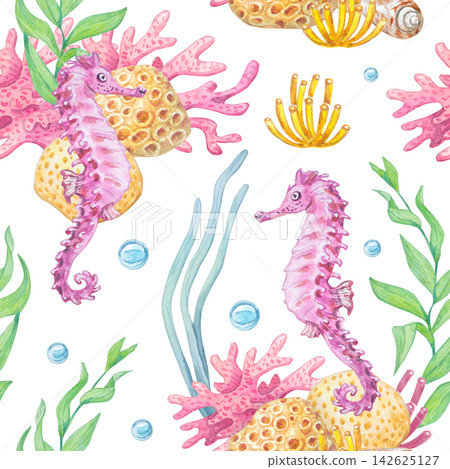 Seahorses, corals, sponges, seaweed and bubbles watercolor seamless pattern isolated on white background. Hand drawn marine Red Sea themed element for textile print, surface decor or wallpaper Seahorses, corals, sponges, seaweed and bubbles watercolor seamless pattern isolated on white background. Hand drawn marine Red Sea themed element for textile print, surface decor or wallpaper 142625127