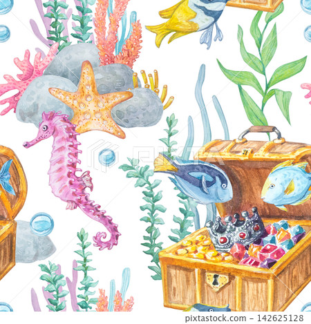 Treasure chest, crown, jewels, starfish, seahorse, tropical fish, seaweed and bubbles watercolor seamless pattern isolated on white background. Hand drawn marine Red Sea themed element Treasure chest, crown, jewels, starfish, seahorse, tropical fish, seaweed and bubbles watercolor seamless pattern isolated on white background. Hand drawn marine Red Sea themed element 142625128