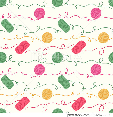 Yarn balls seamless pattern vector illustration. Colorful skeins and balls of wool yarn with wavy threads on light off-white background. Knitting and crochet craft supplies repeat tile design Yarn balls seamless pattern vector illustration. Colorful skeins and balls of wool yarn with wavy threads on light off-white background. Knitting and crochet craft supplies repeat tile design 142625287