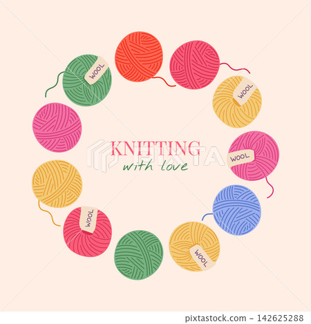 Yarn balls circular border frame. Knitting wreath vector illustration with colorful bright balls of wool yarn on light cream background. Craft hobby flat design with copy space Yarn balls circular border frame. Knitting wreath vector illustration with colorful bright balls of wool yarn on light cream background. Craft hobby flat design with copy space 142625288