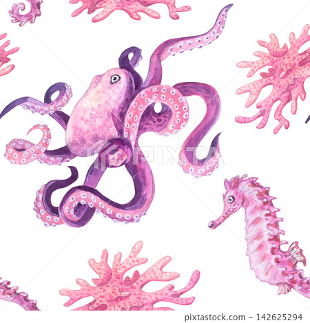 Octopus, seahorse and corals watercolor seamless pattern isolated on white background. Hand drawn marine element for nautical theme design, textile print, surface decor or wallpaper Octopus, seahorse and corals watercolor seamless pattern isolated on white background. Hand drawn marine element for nautical theme design, textile print, surface decor or wallpaper 142625294