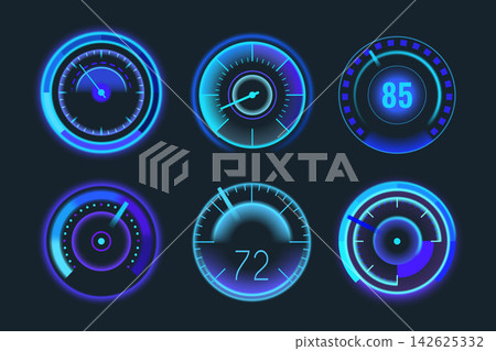 Car dashboard meter with neon speedometer display 142625332