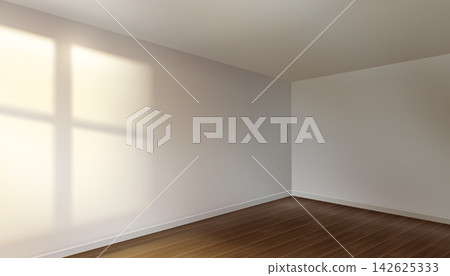 Empty room corner with wooden floor, beige walls 142625333