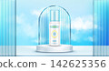 Sunscreen pump bottle on white round podium 142625356