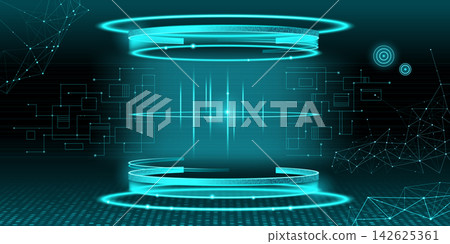 Futuristic digital podium, glowing neon platform 142625361