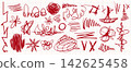 Hand drawn red scratches, squiggly pen scribbles 142625458